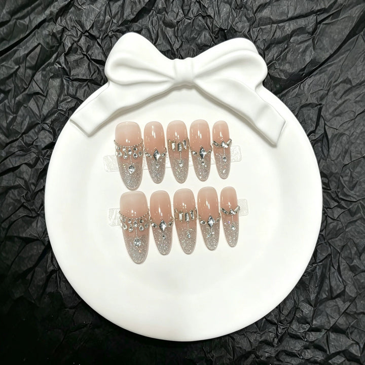 Sparkling Press-On Nail Art Set with Elegant Gemstone Accents