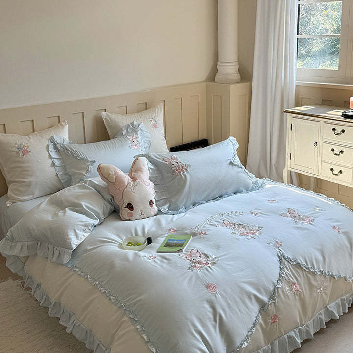 Embroidered Ruffled Cotton-Sateen Bunny Duvet Cover Set