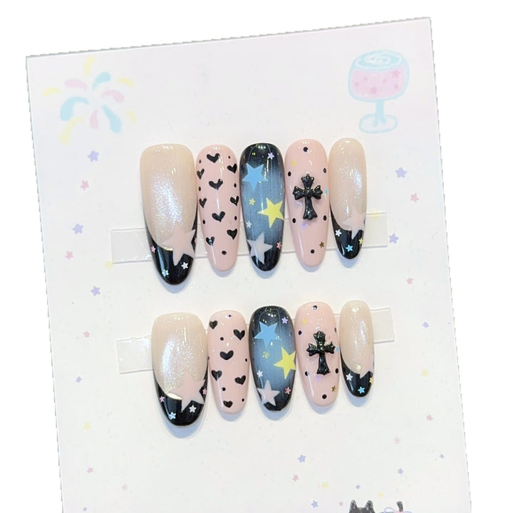 Artificial nail tips with playful star and heart designs Stornfield