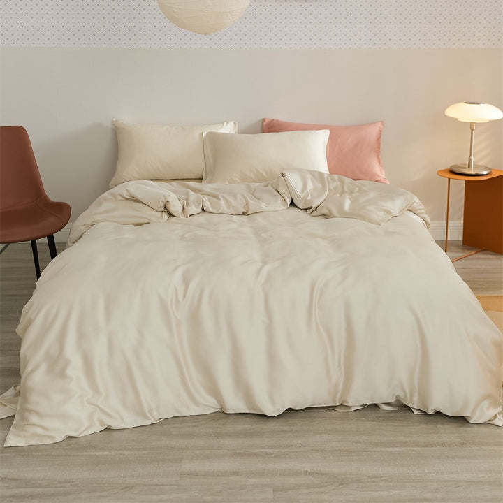 Reversible satin bedding set with a silky glossy feel and skin-friendly cotton blend