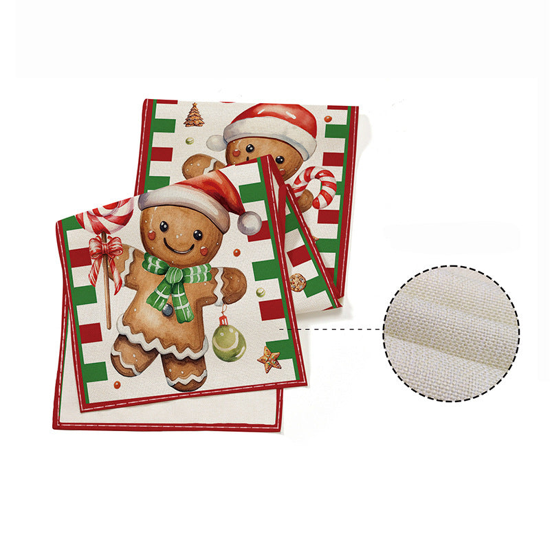 Linen-Texture Cotton-Blend Christmas Table Runner with Burlap Trim and Winter Tree Illustration