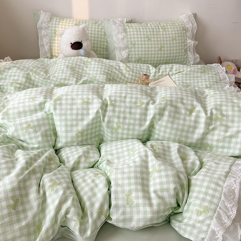 Gingham Cotton Duvet Cover Set with Black Bow Print and Ruffled Lace Sham