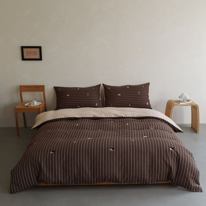 Reversible Embroidered Gingham Cotton Duvet Cover Set