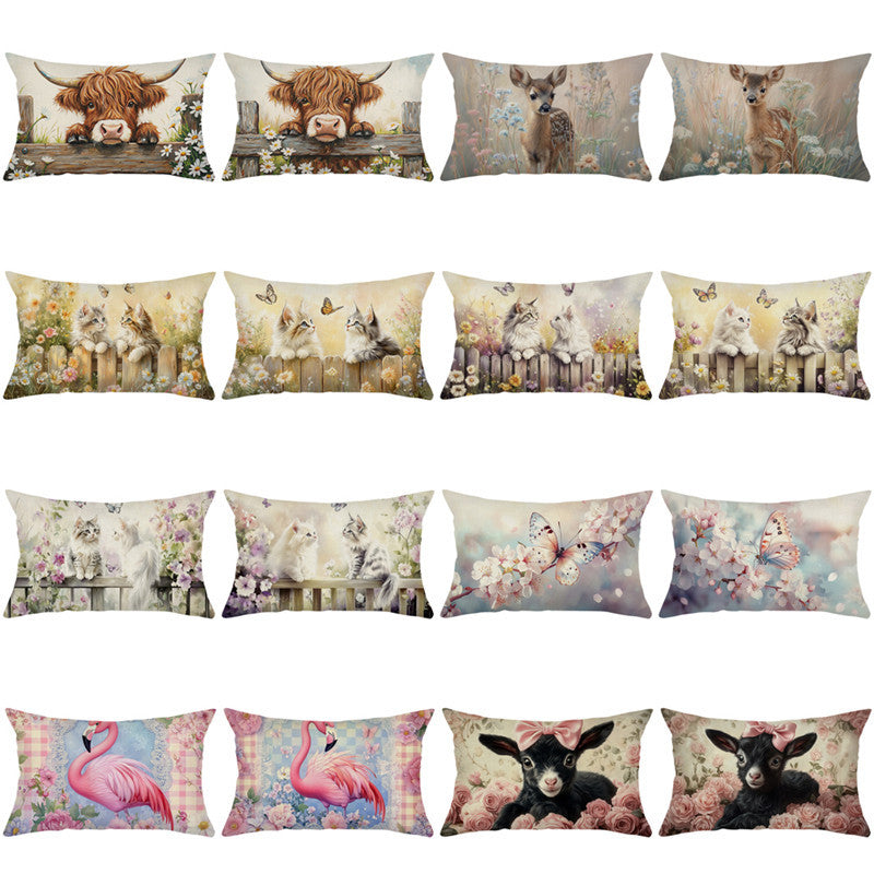 Decorative Rectangular Cotton-Linen Pillow Cover with Kitten Garden Illustration