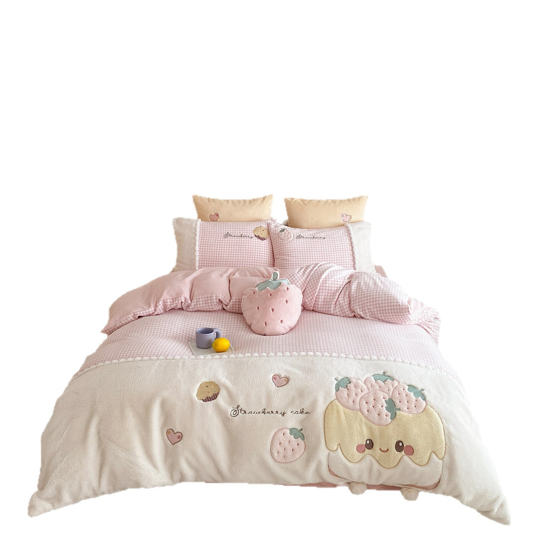 Children's bedding set with embroidered strawberry appliqué, cuddly reversible cover and Vichy check