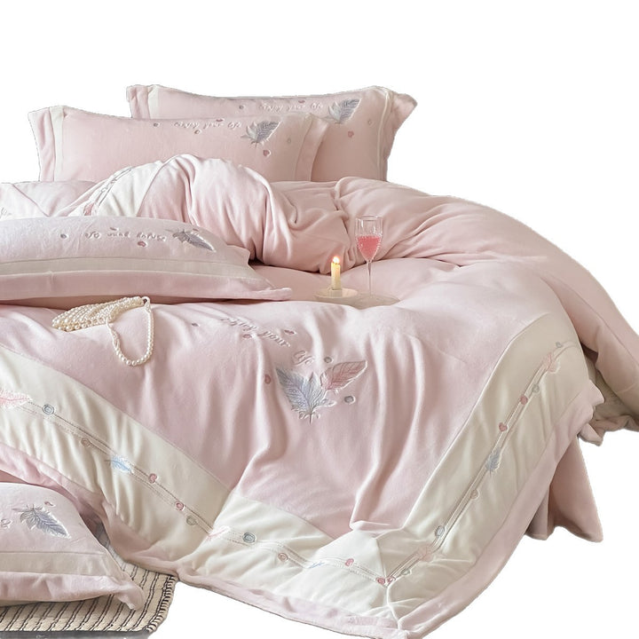 Plush Brushed Flannel Embroidered Feather Duvet Cover and Sham Set