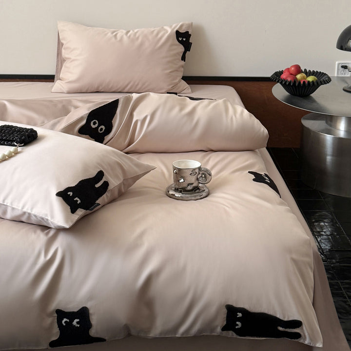 Cotton Sateen Duvet Cover Set with Raised Cat Appliqué & Hidden Closure