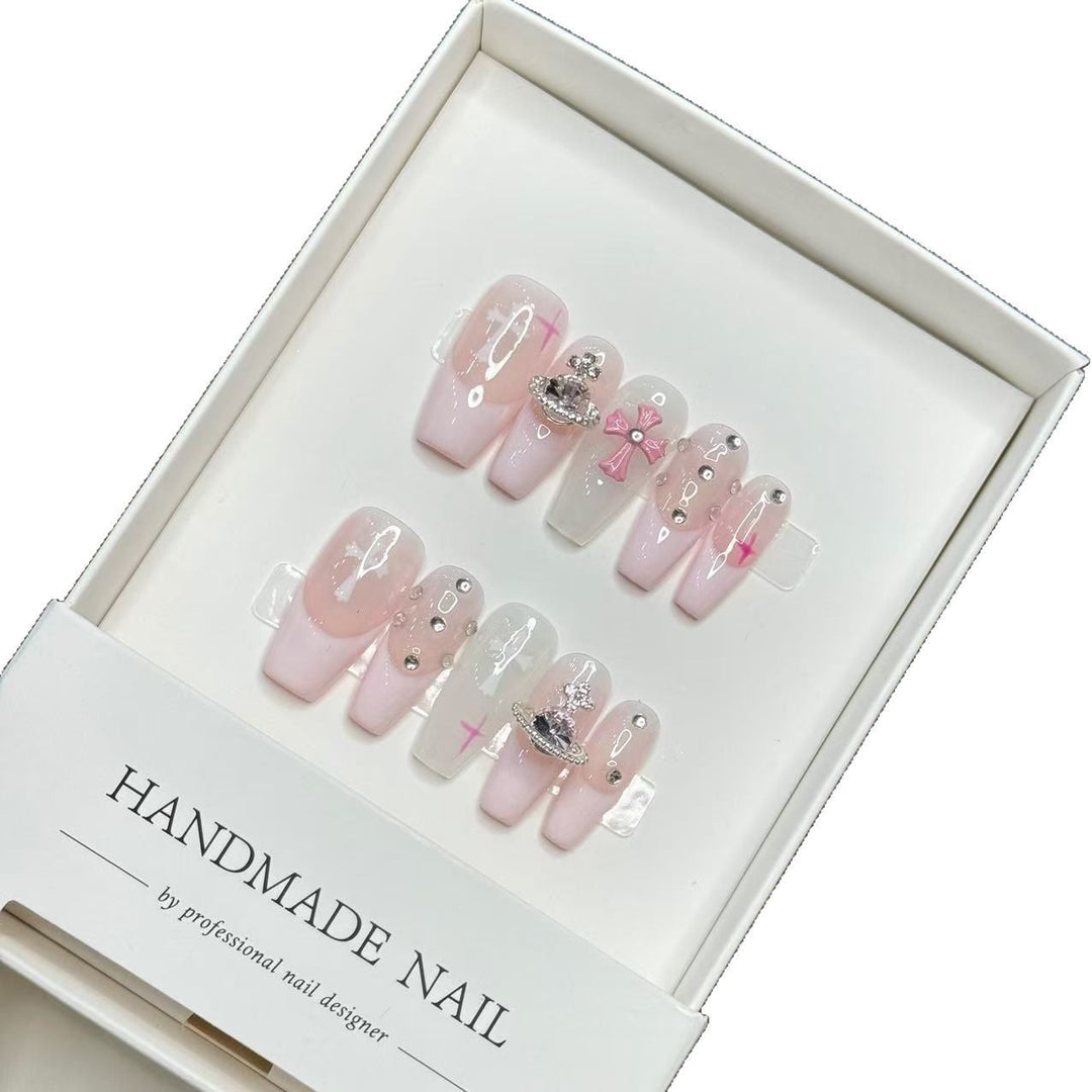 Decorative Press-On Nail Set with Elegant Stickers and Gem Accents