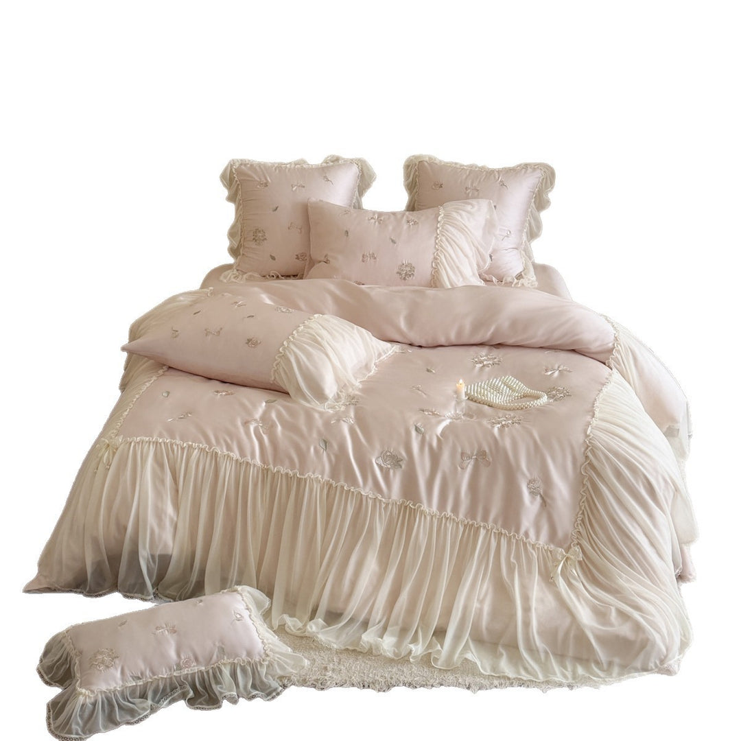 Luxury Satin-Blend Embroidered Comforter Ensemble with Sheer Ruffled Skirt & Decorative Bolster