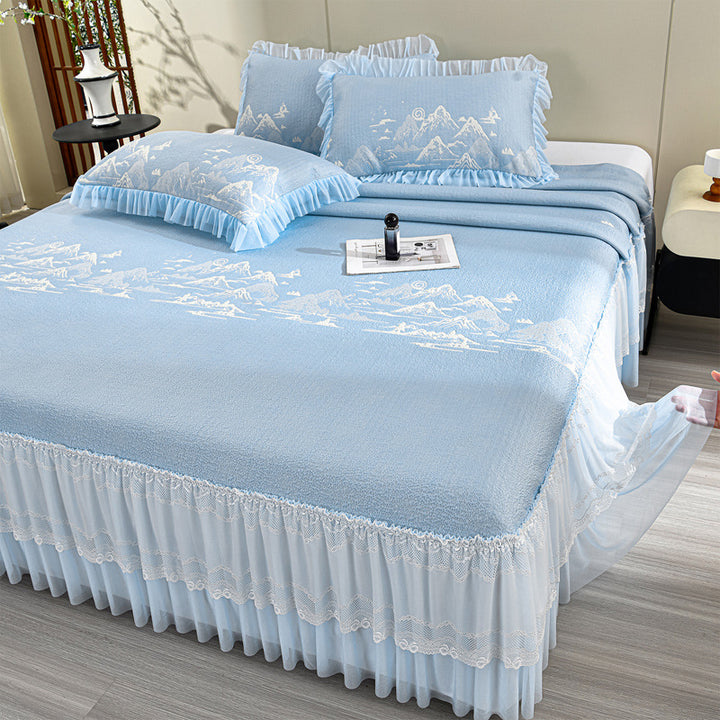 Elegant quilted bedspread with lace ruffle and mountain jacquard