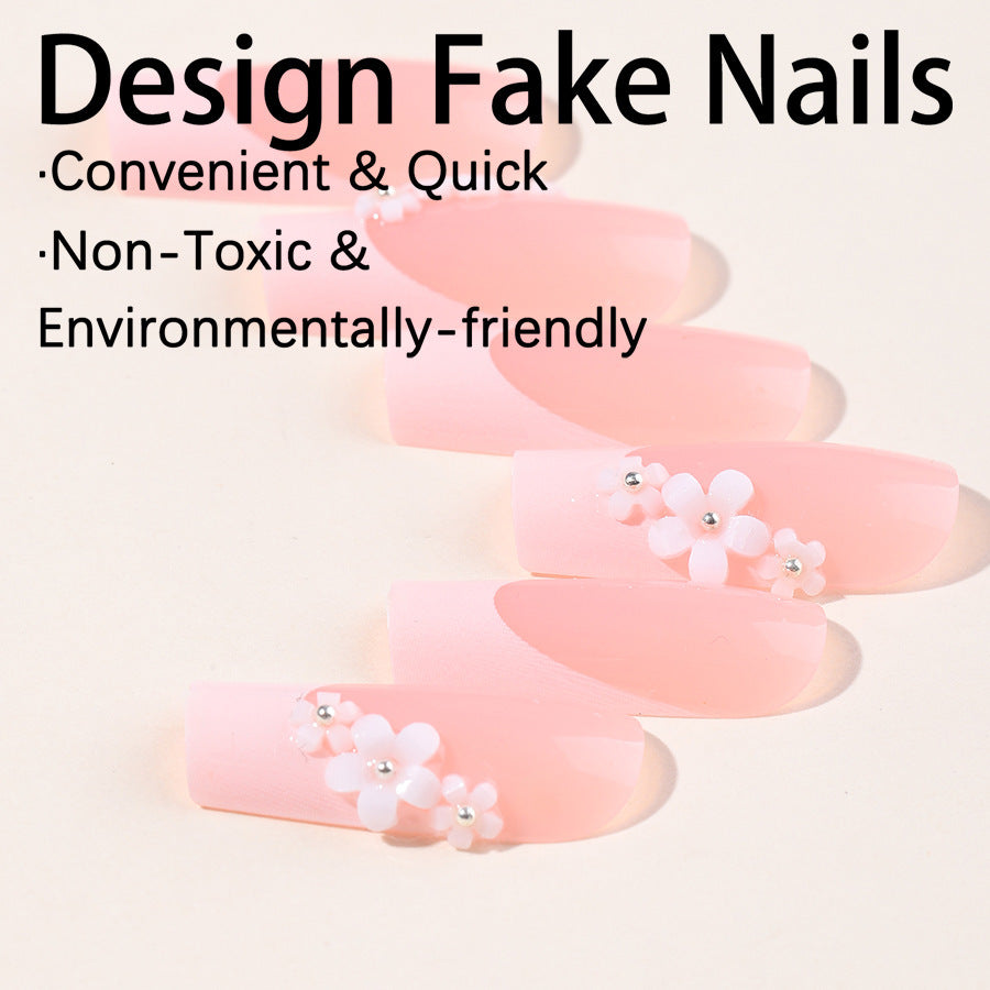 Artificial nail set with elegant French tips and hand-drawn flower motifs Stornfield