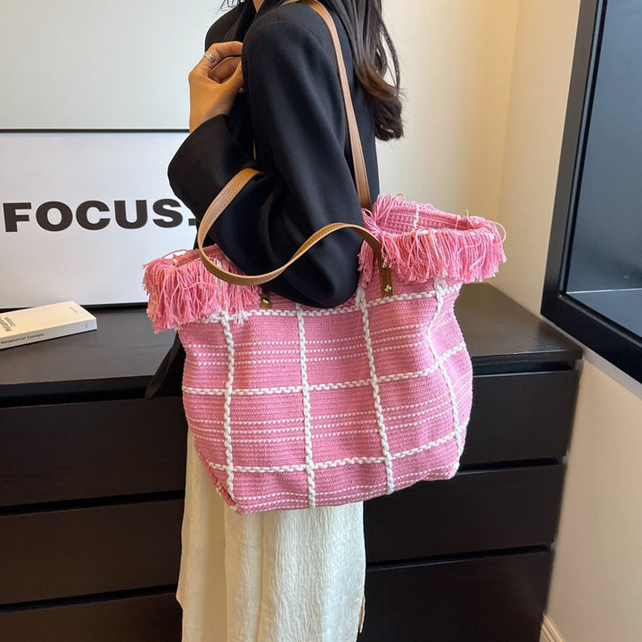Textured Woven Tote Handbag