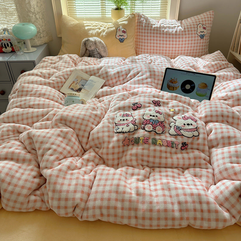 Plush Embroidered Cat Stripe Comforter Bedding Set