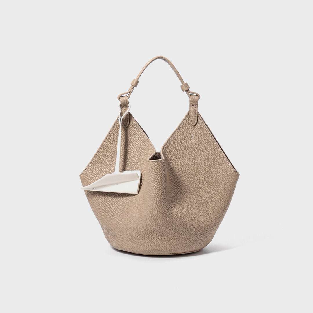 Slouchy Pebbled Leather Hobo Bucket Bag with Top Handle and Geometric Silhouette