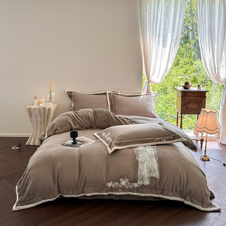 Luxury Embroidered Velvet Duvet Cover Set with Ruffle Skirt and Pillow Shams