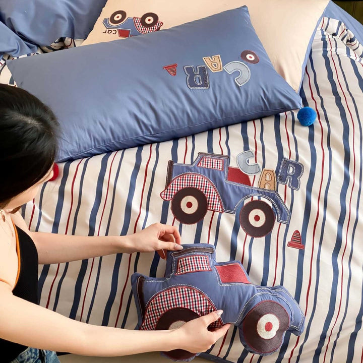 Striped Cotton Duvet Cover Set with Embroidered Car Appliqué & Pom-Pom Pillow Shams
