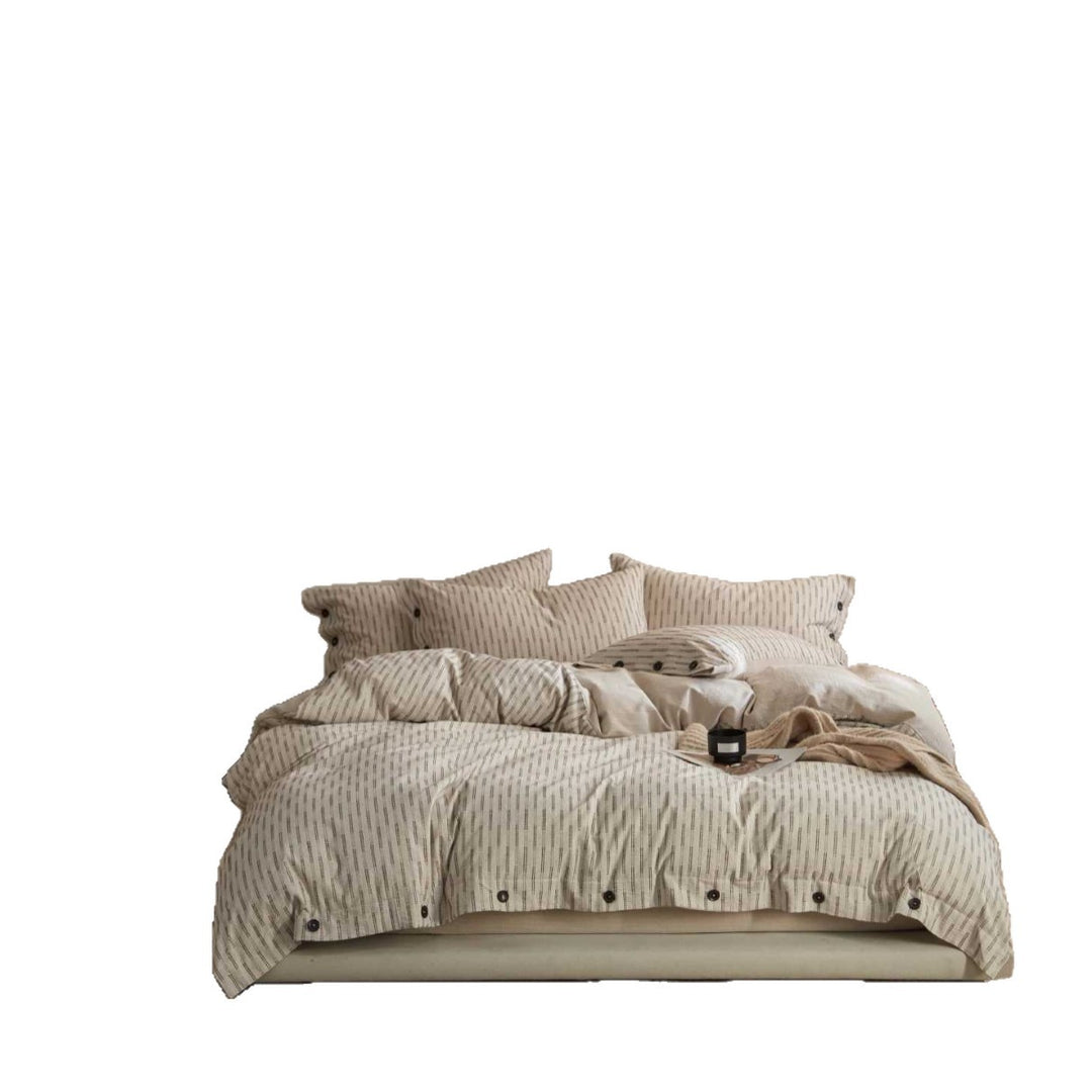 Button-Closure Striped Cotton-Linen Duvet Cover Set with Matching Pillowcases