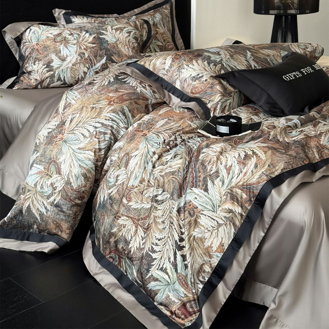 Luxury Tapestry-Style Botanical Duvet Cover Set with Satin Border & Corner Ties
