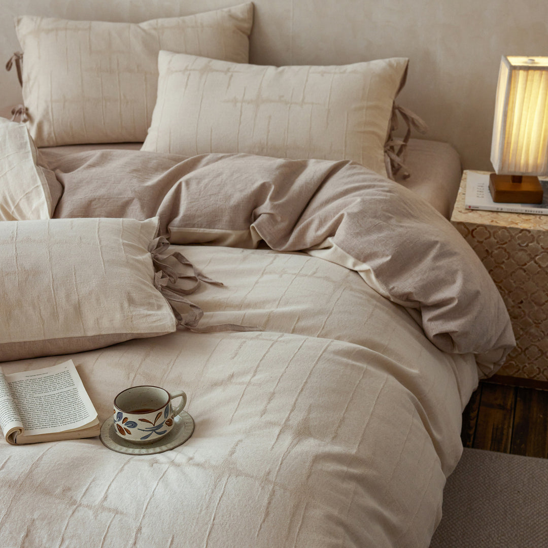 Reversible Washed Cotton-Linen Textured Duvet Cover Set with Tie-Closure Pillow Shams