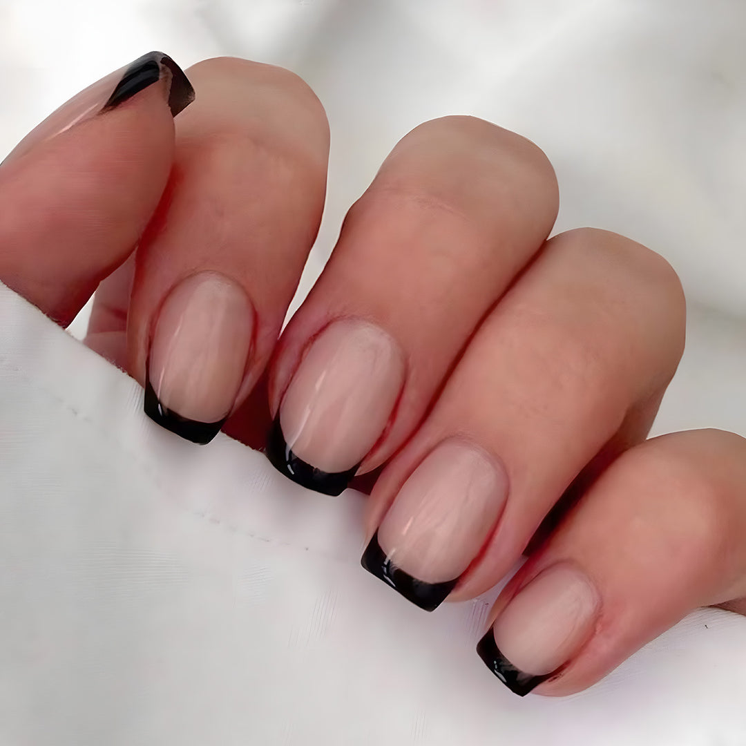 Elegant Square Tip Press-On Nails with Bold Black French Tips Stornfield