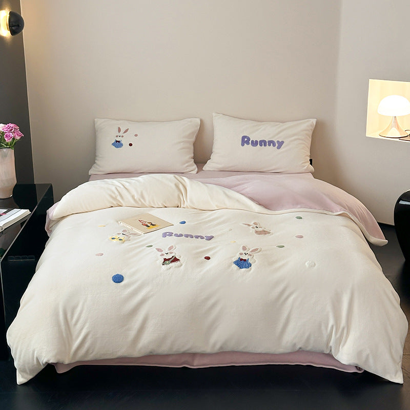 Embroidered Cotton Duvet Cover Set with Whimsical Bunny Appliqué and Reversible Pastel Lining