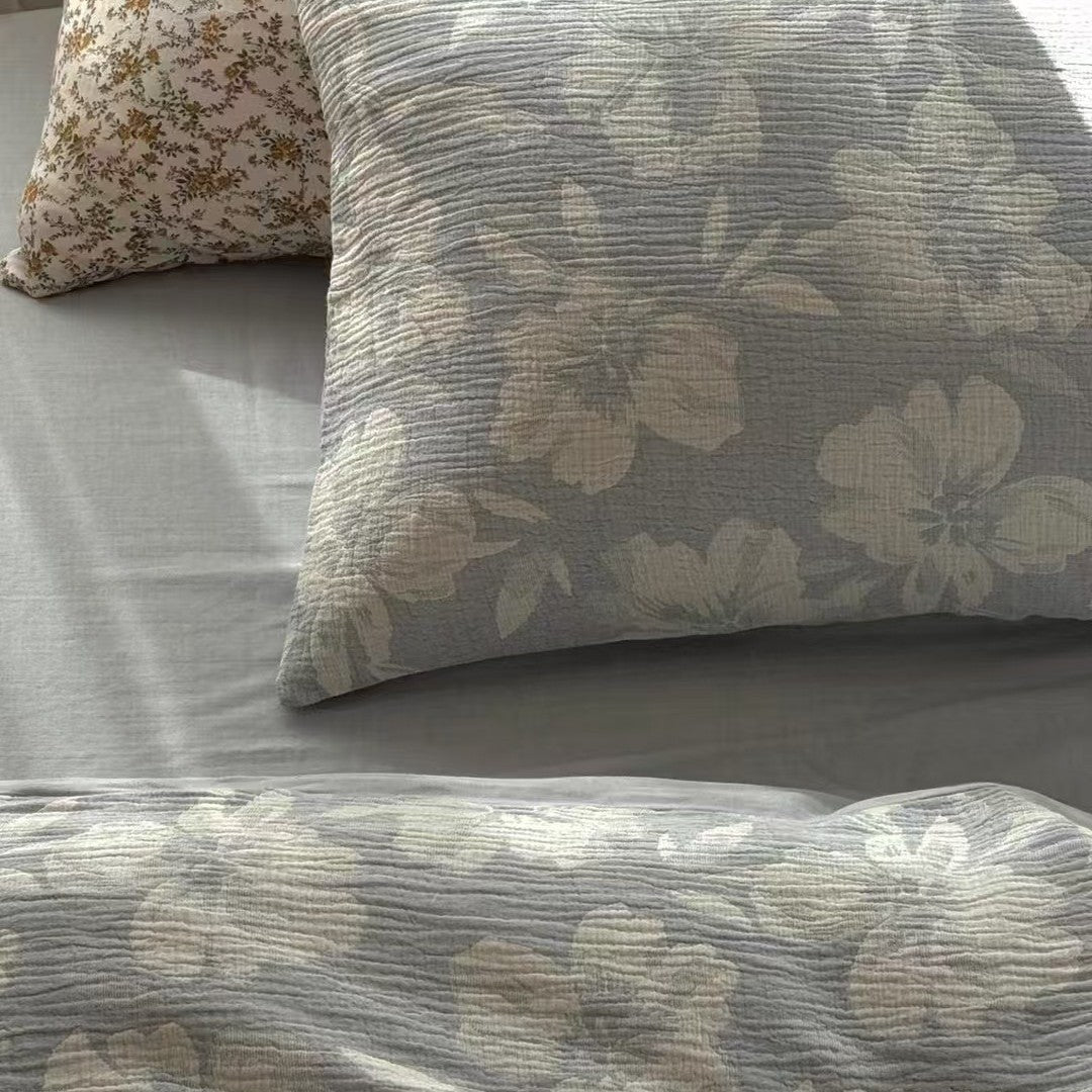 Textured Cotton Floral Duvet Cover Set with Quilted Pillowcases