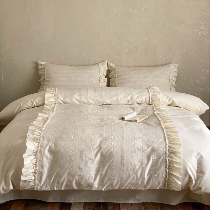 French-Inspired Ruffled Embroidered Cotton Sateen Duvet Cover Set with Pillow Shams