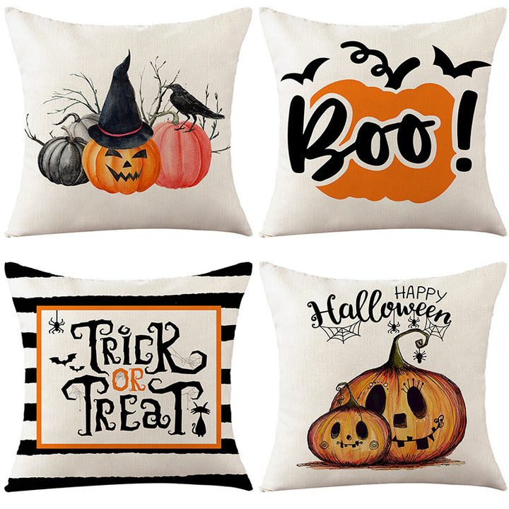 Halloween Decorative Throw Pillow with Printed Jack-o'-Lantern Illustration