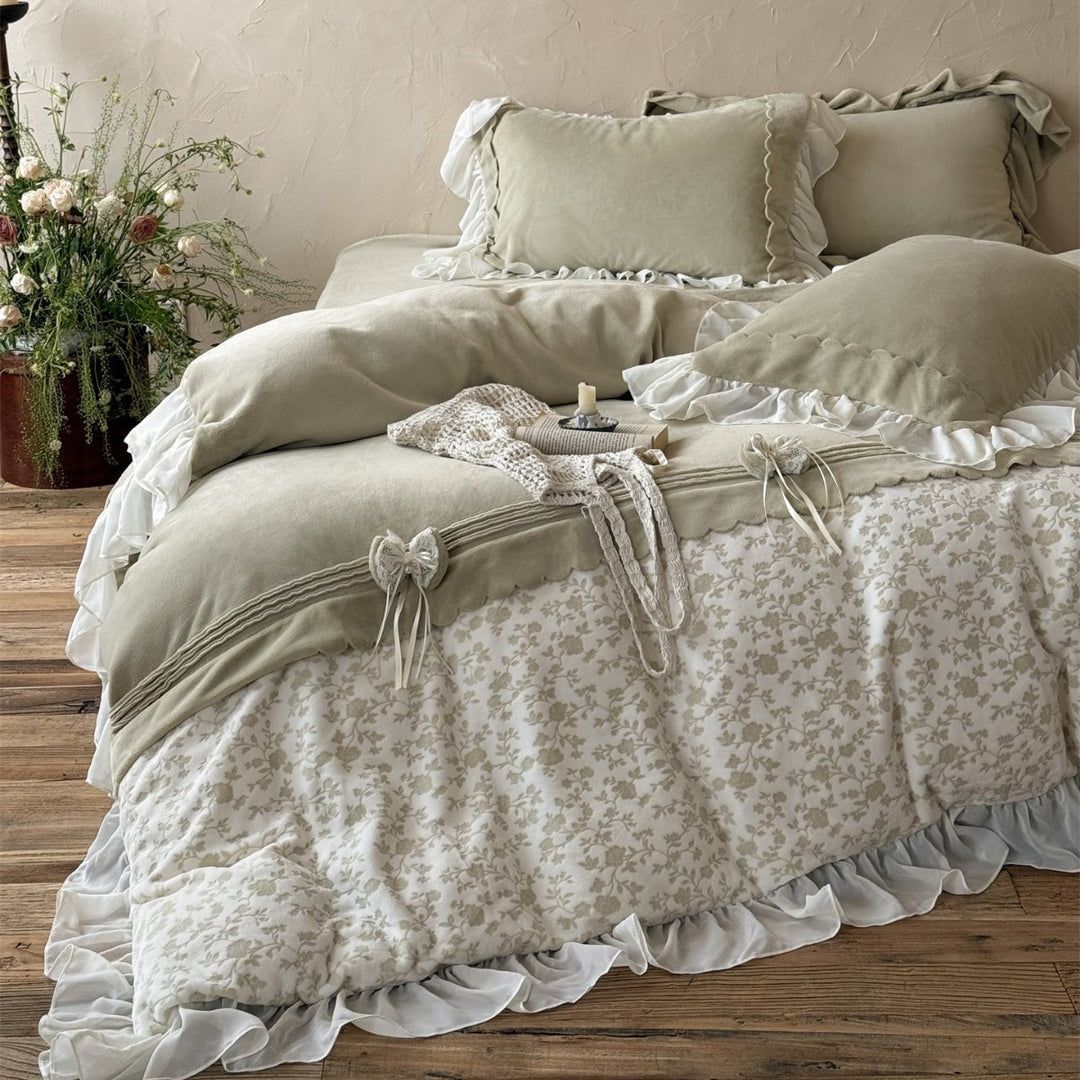 Ruffled Floral Cotton Duvet Cover Set with Sheer Ruffle Bedskirt & Decorative Tie-Bows