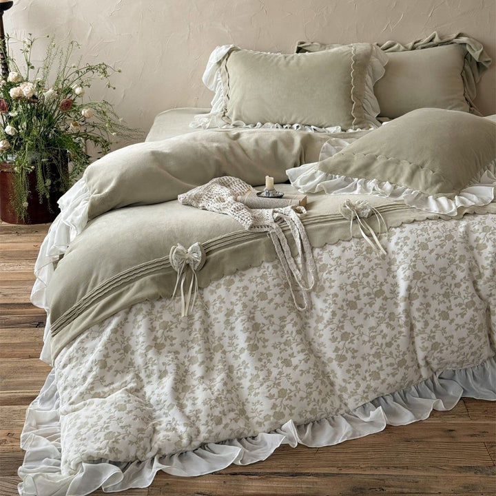 Ruffled Floral Cotton Duvet Cover Set with Sheer Ruffle Bedskirt & Decorative Tie-Bows