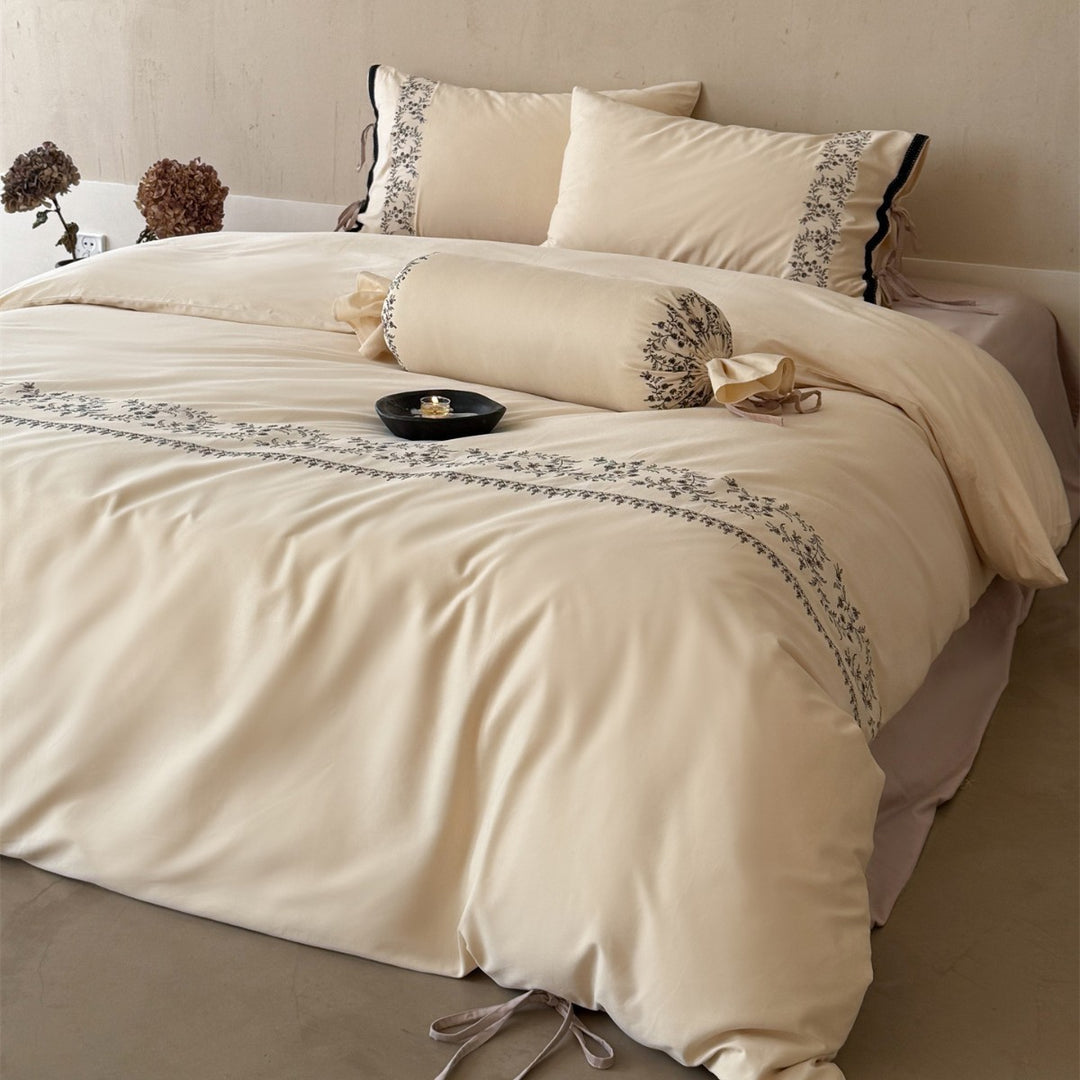 Embroidered Cotton Duvet Cover Set with Decorative Bolster and Tie-closure Pillowcases