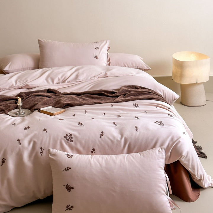 Embroidered Mini Floral Cotton Sateen Duvet Cover Set with Pillow Shams