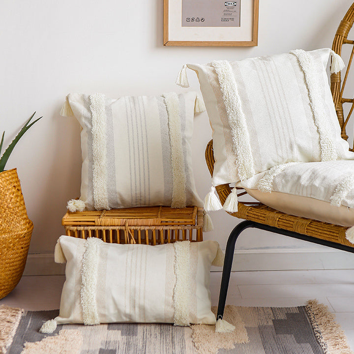 Square cotton pillow cover with fringe tassels and textured chenille stripes Stornfield