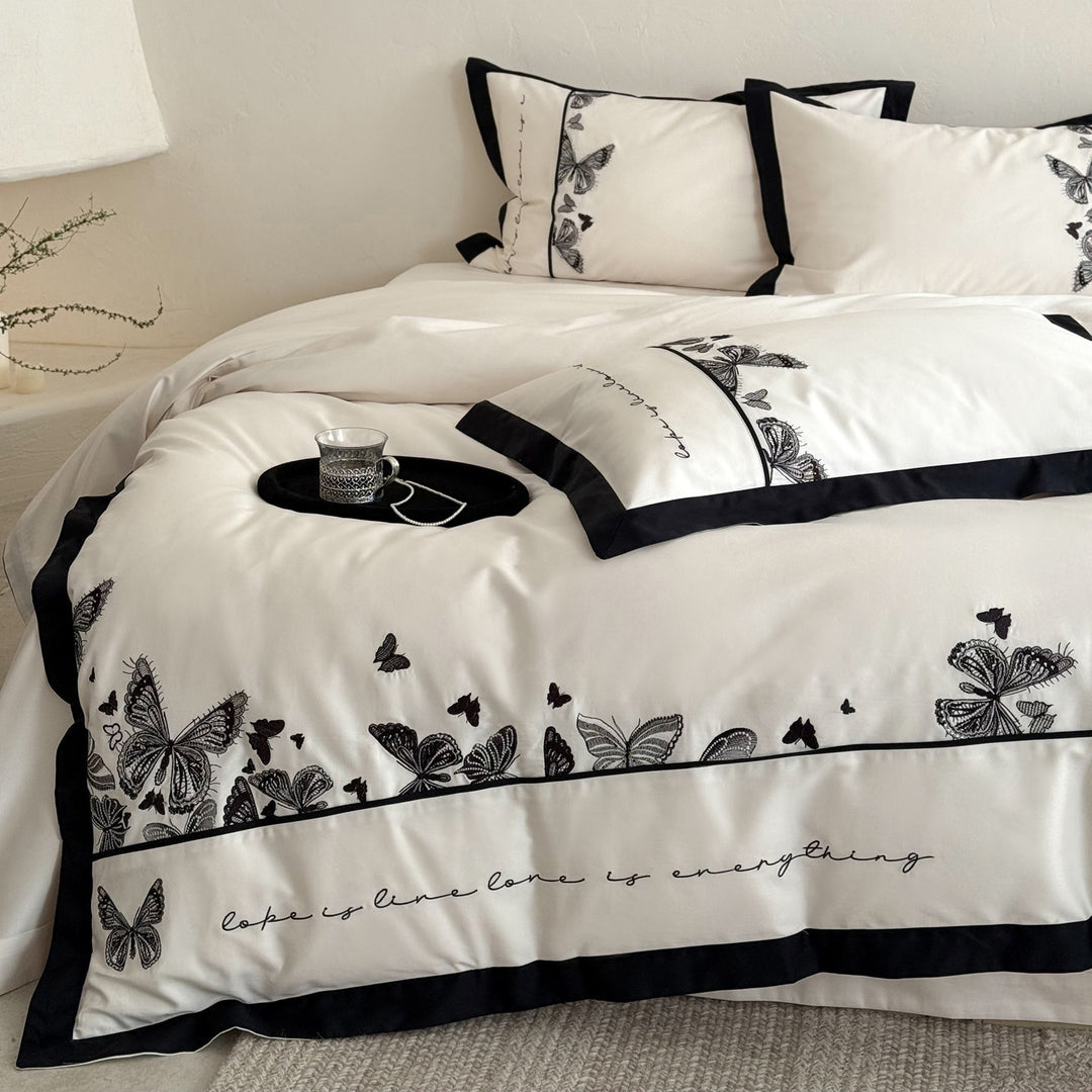 Botanical Butterfly Embroidered Cotton-Sateen Reversible Duvet Cover Set with Contrast Piped Border and Euro Shams