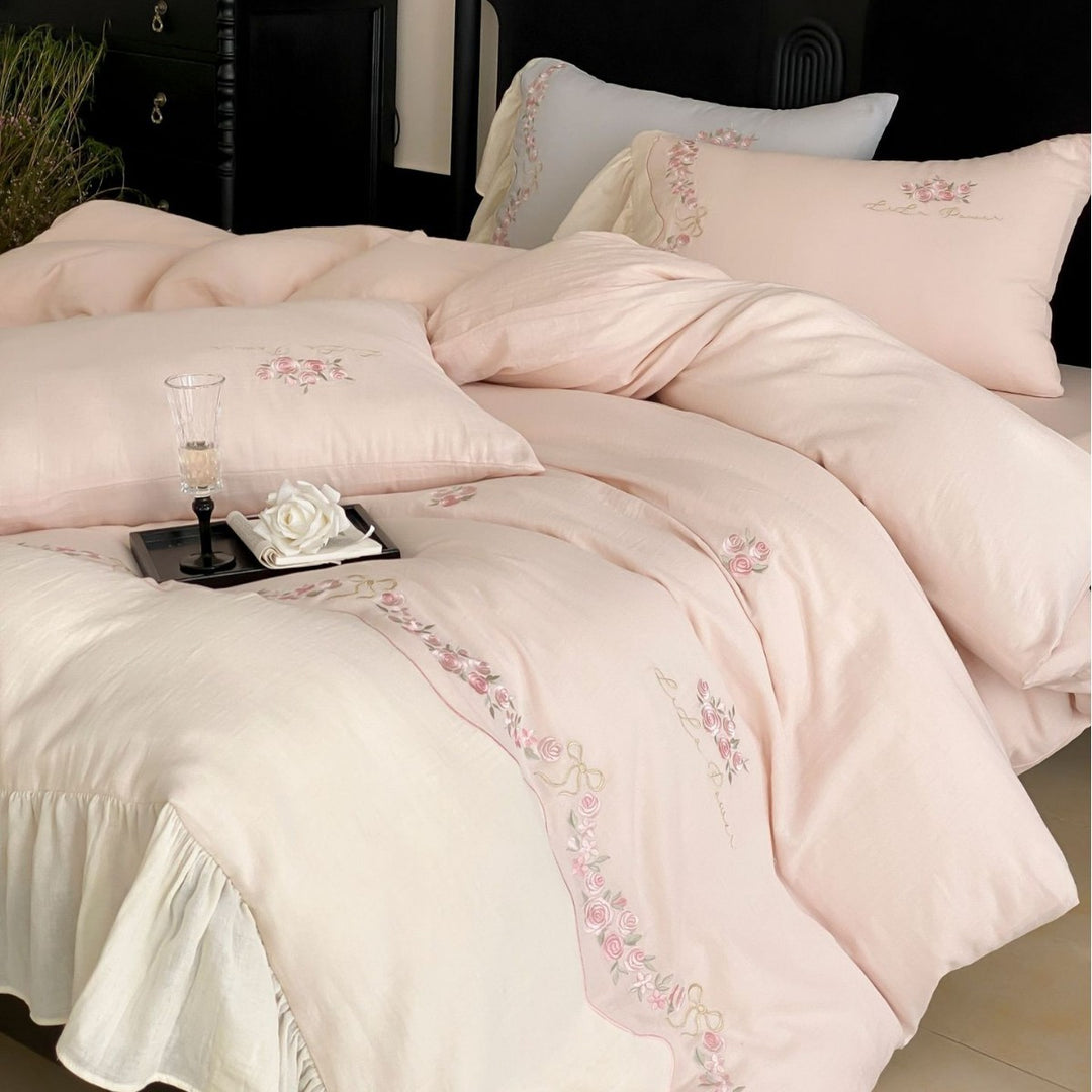 Deluxe Cotton Sateen Floral Embroidery Duvet Cover Set with Ruffled Bedskirt & Oxford Shams