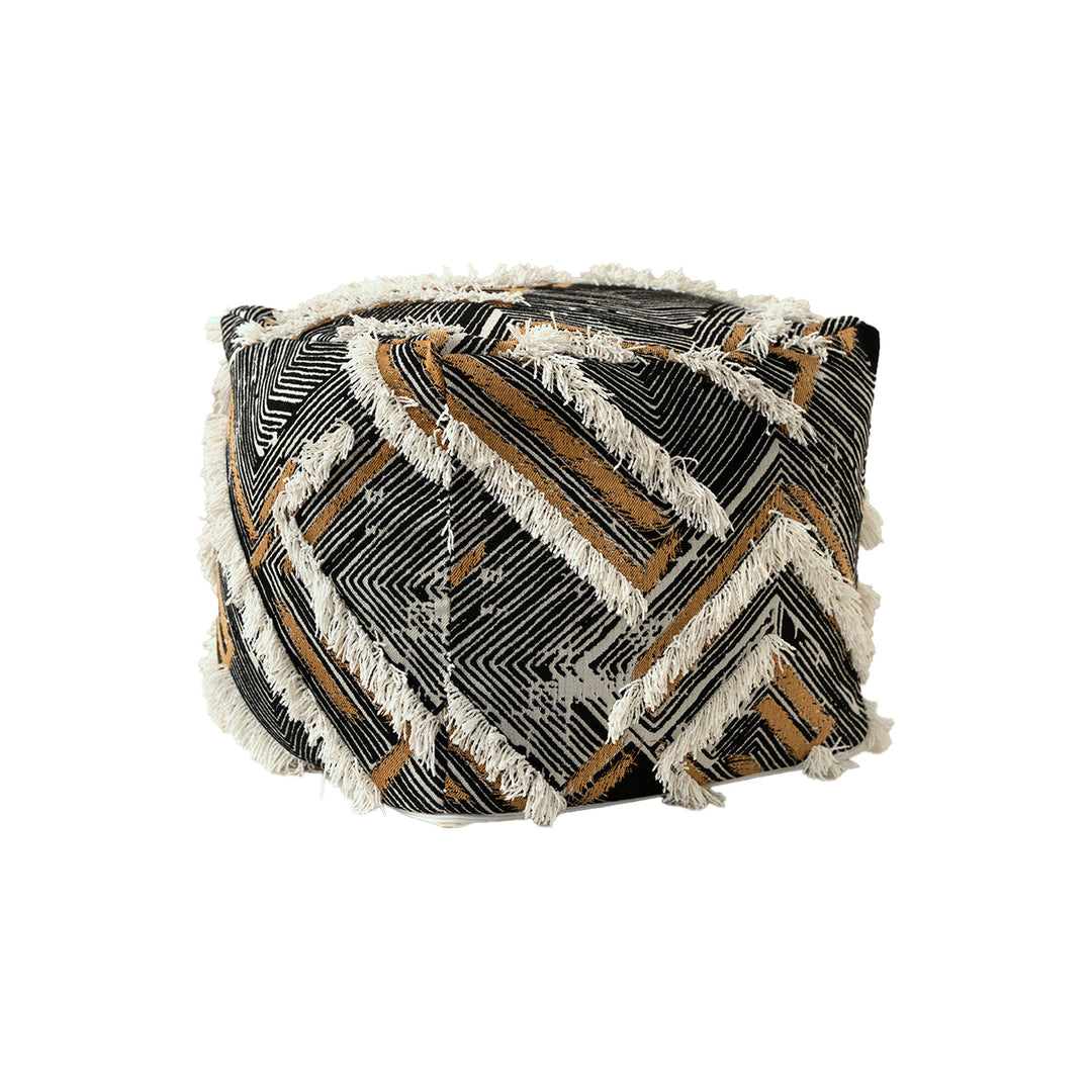 Filled floor seat pouf in ethnic jacquard with decorative fringes Stornfield