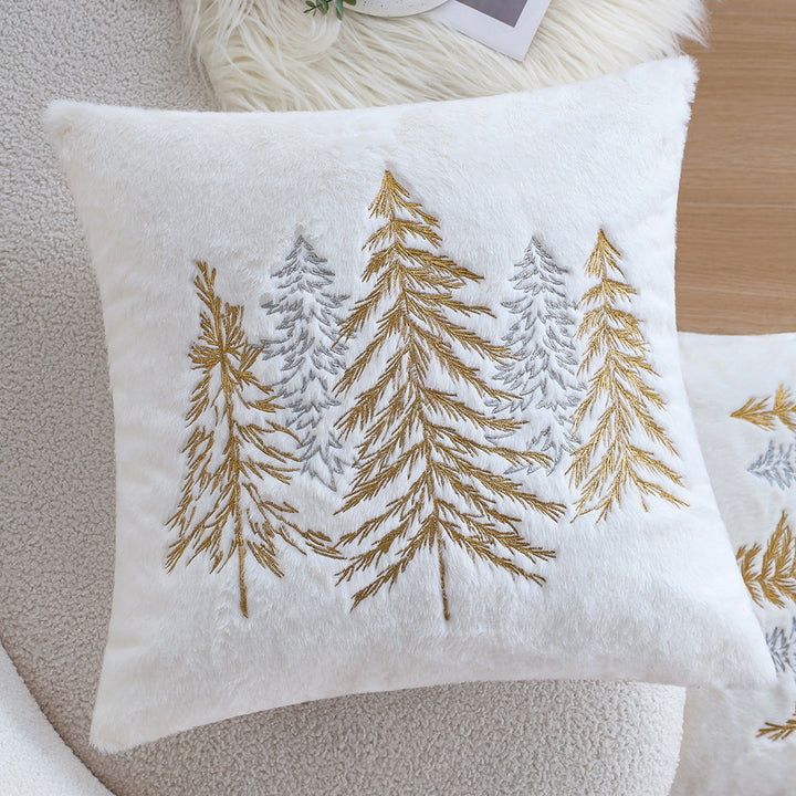 Square decorative cushion cover made of faux fur with embroidered Christmas tree motif Stornfield