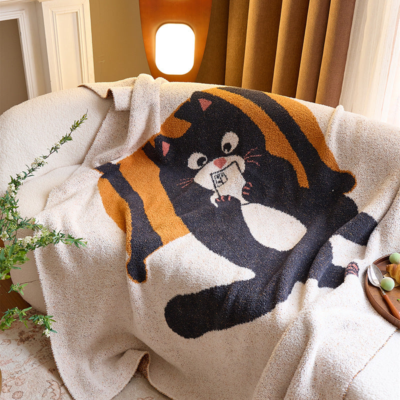 Plush Chenille Throw Blanket with Cartoon Cat Jacquard and Sherpa Backing