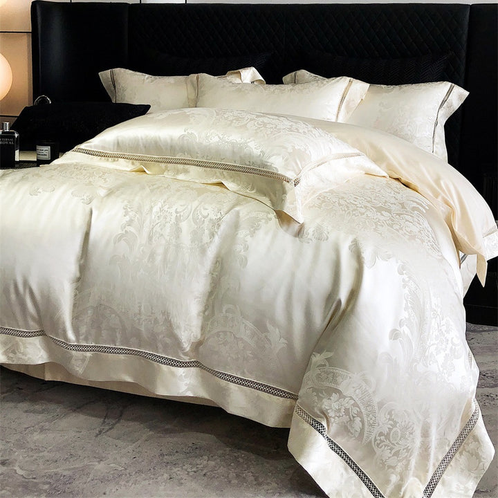 Silk-Feel Jacquard Duvet Cover Bedding Set with Decorative Embroidered Border