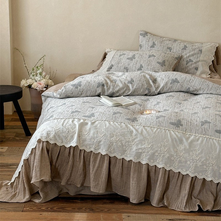 Embroidered Scallop-Edge Duvet Cover Set with Ruffled Bedskirt & Pillow Shams