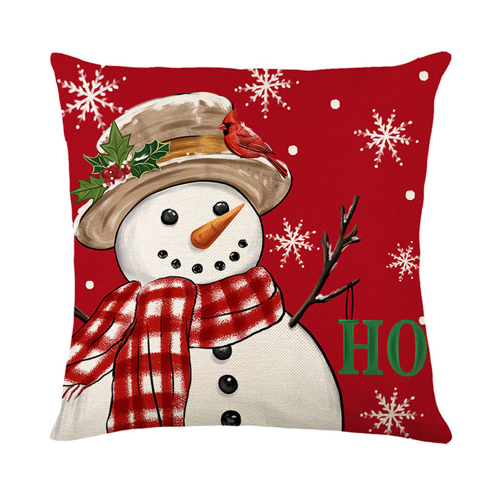 Seasonal Decorative Square Cotton-Linen Throw Pillow Cover with Snowman Cardinal Print
