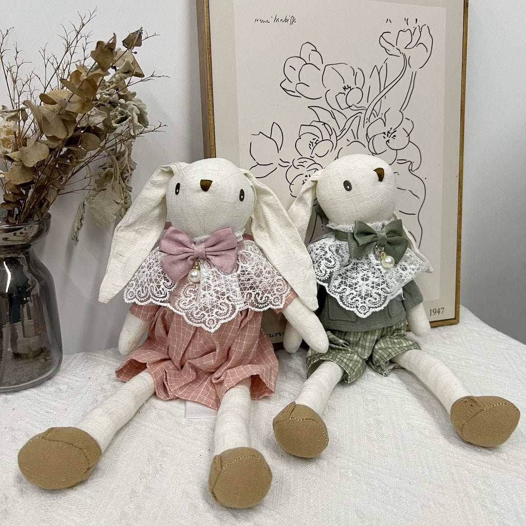 Handcrafted Linen Bunny Doll with Lace Collar and Pearl Bow Charm