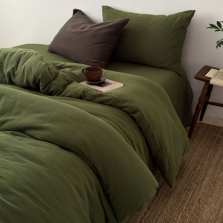 Washed Cotton Gauze Textured Duvet Cover Set with Deep-Pocket Fitted Sheet