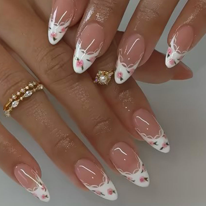 Artificial Nail Set with Elegant Flower and Lace Decorations Stornfield