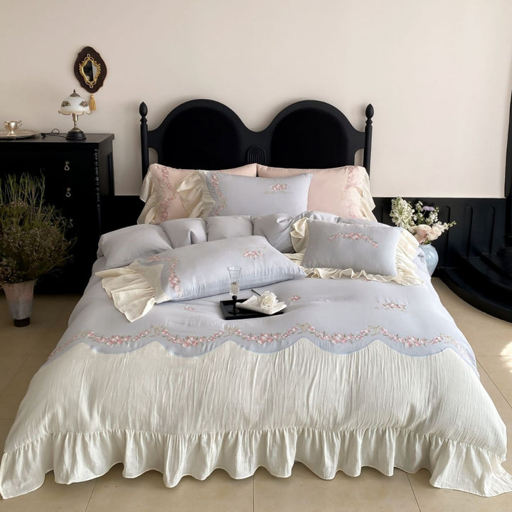 Deluxe Cotton Sateen Floral Embroidery Duvet Cover Set with Ruffled Bedskirt & Oxford Shams