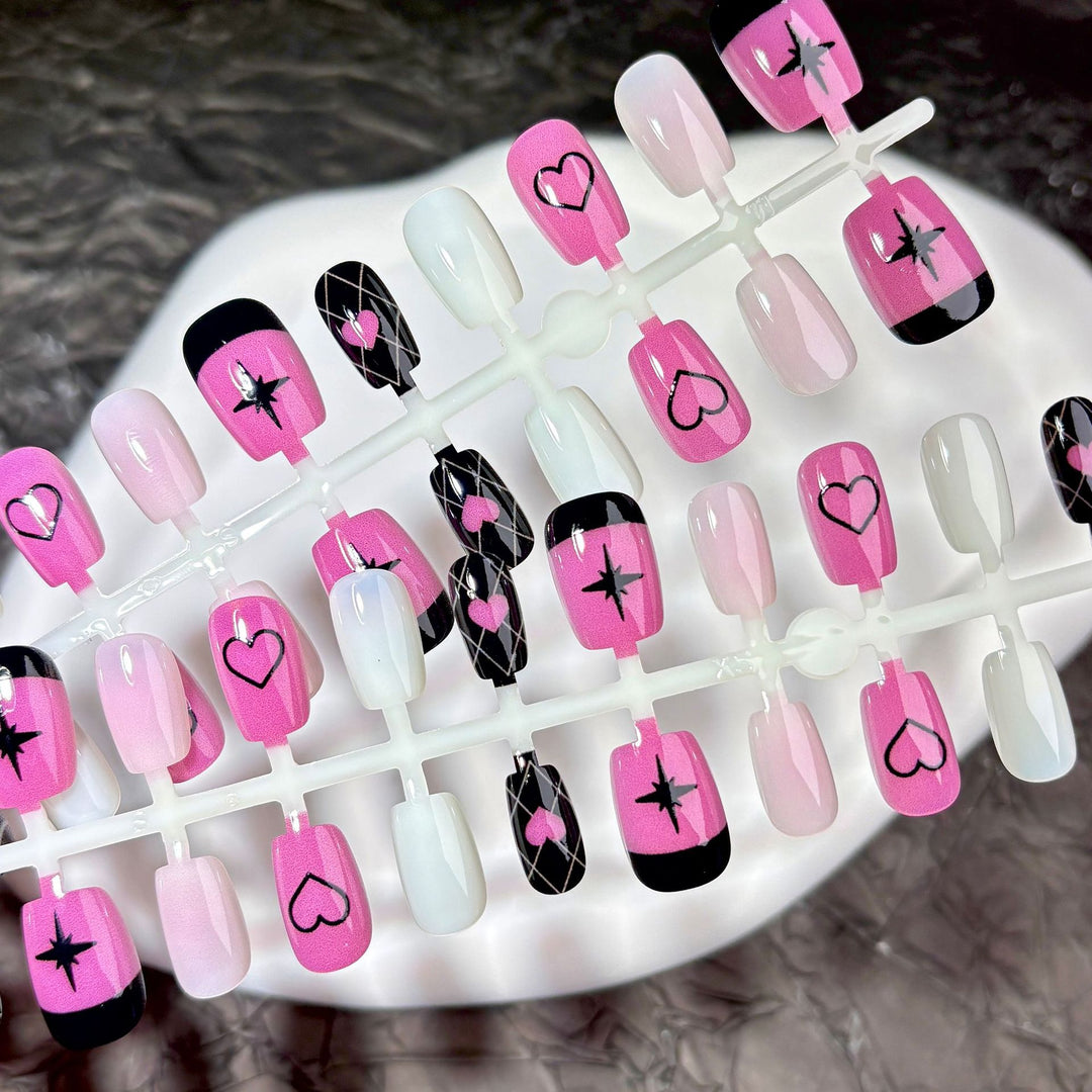 Themed Press-On Nail Set with Heart and Star Designs