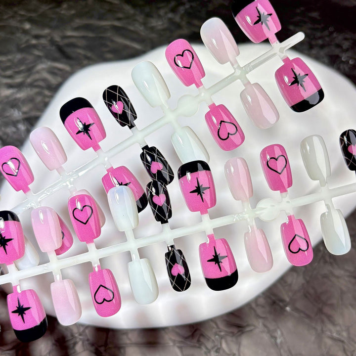 Themed Press-On Nail Set with Heart and Star Designs