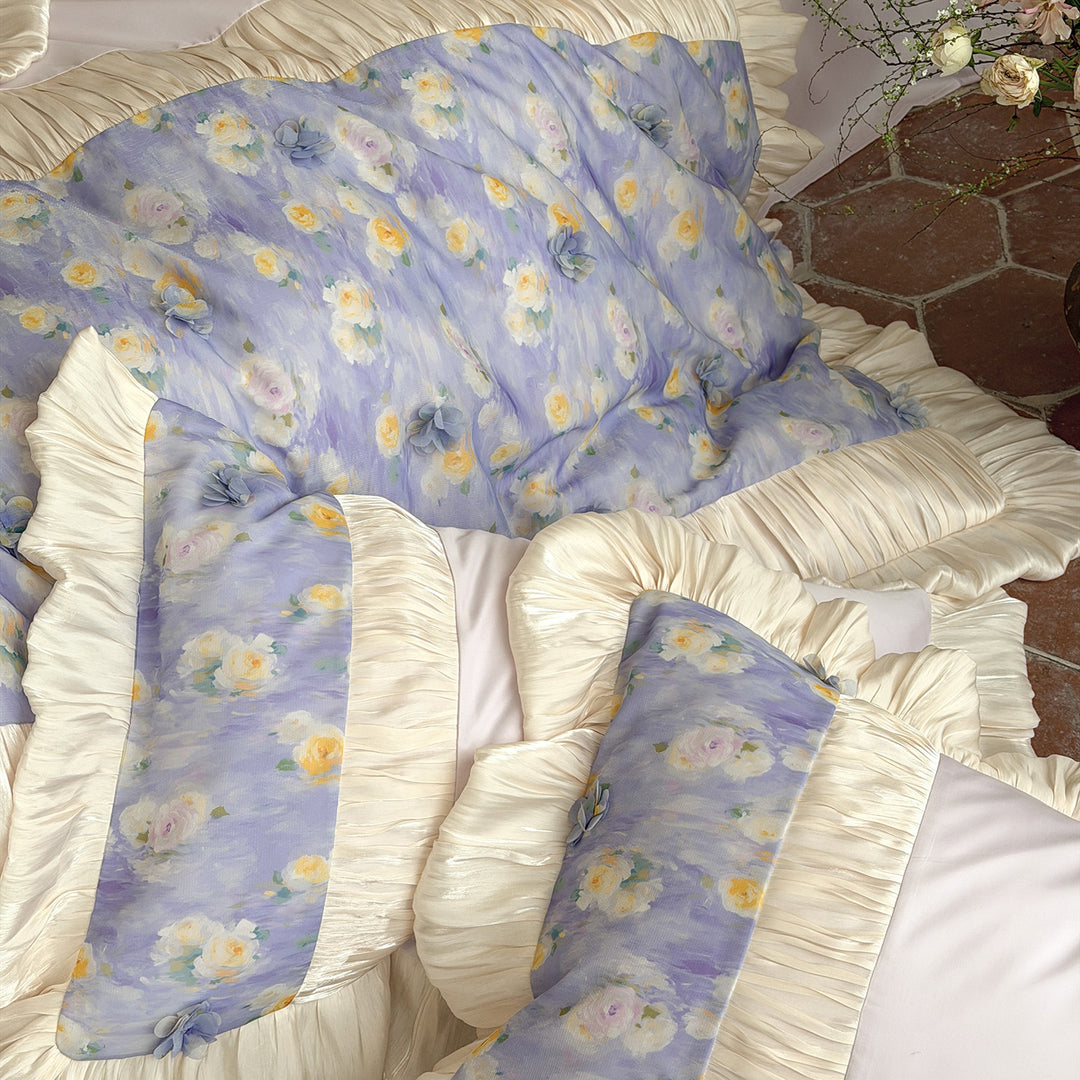 Floral Ruffled Cotton Sateen Duvet Cover Set with Pleated Trim and Reversible Pillow Shams
