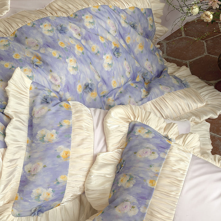 Floral Ruffled Cotton Sateen Duvet Cover Set with Pleated Trim and Reversible Pillow Shams