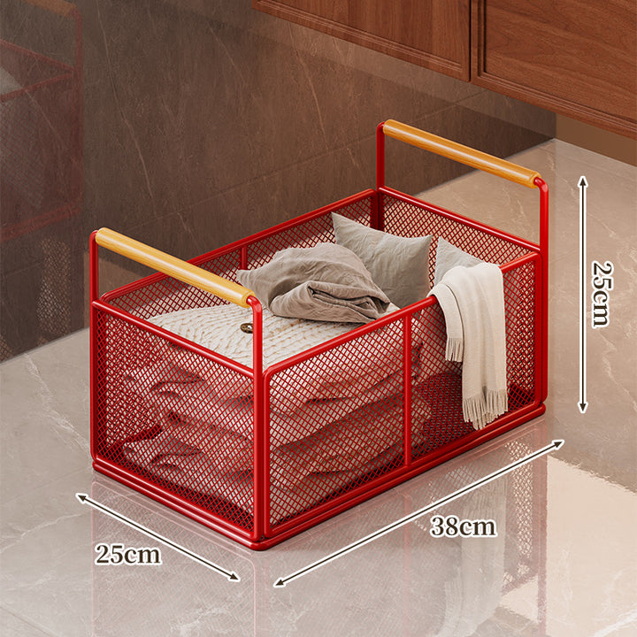 Freestanding Mesh Storage Crate with Wooden Grip Handles for Living Room and Laundry